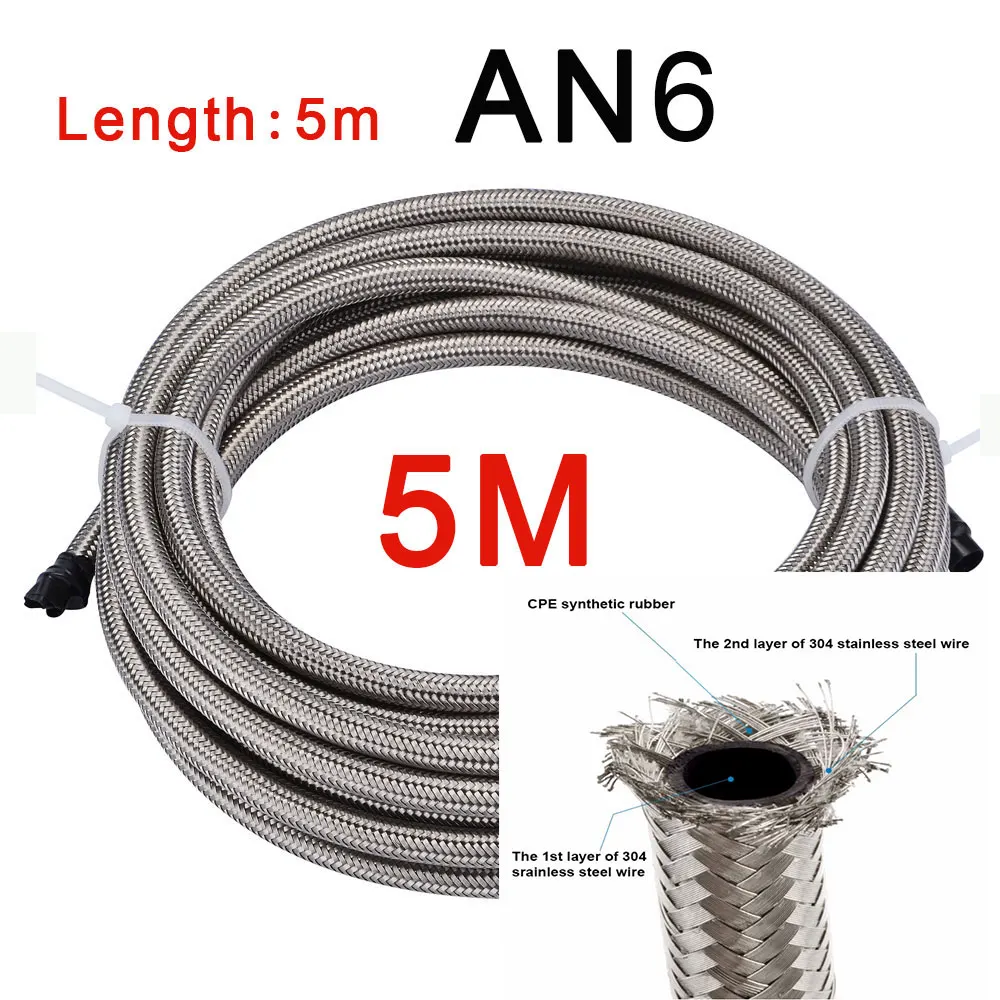 

5M Stainless steel Braided Fuel Hose CPE synthetic rubber inner Fuel Pipe Racing Car Turbocharger Coolant Liquid Hose Oil Pipe