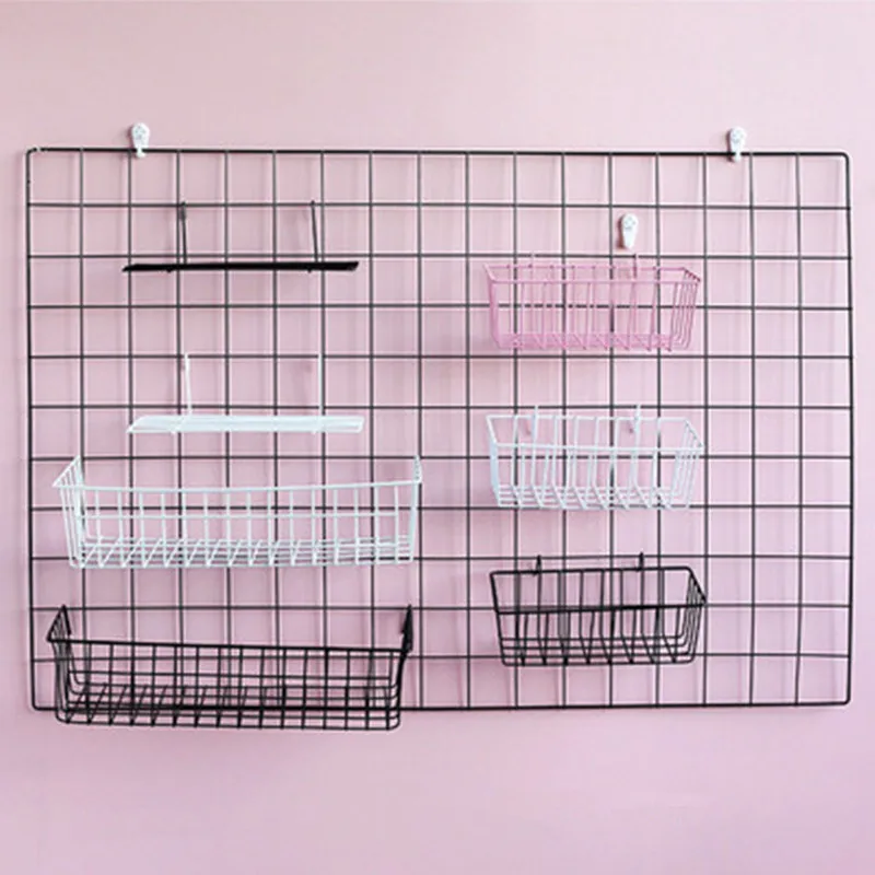 Ins Home Wall Decoration Iron Grid Decor Frame Hanging Rack Wall Display Art Storage Box Basket Mesh Shelf Rack Holder Organizer