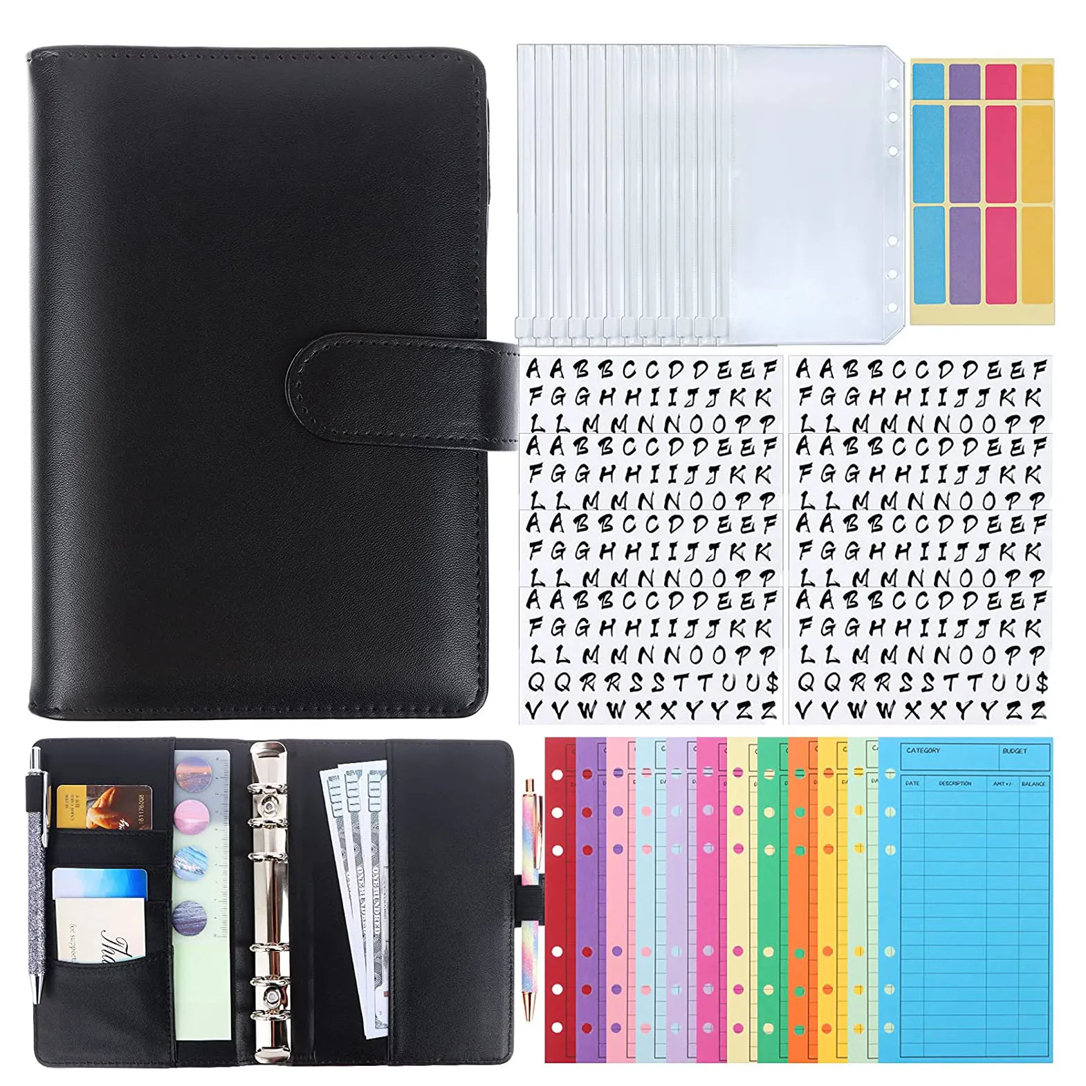 A6 Binder Budget Cash Envelope System Organizer,12 Patterns Budget  Envelopes,Storage Bag, Alphabet Stickers, for Money Planner