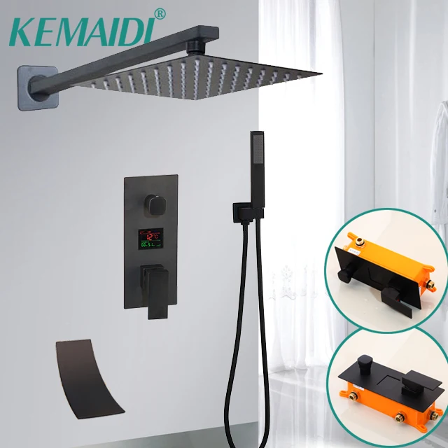 KEMAIDI Black Matte Bathroom Shower Faucet Rainfall Shower Head 3 Ways LED Digital Display Mixer Water Faucets Shower Set