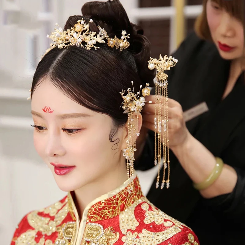 Women Fish Hairpins Retro Chinese Wedding Headdress Accessories Tassel Pearl Stick Head Jewelry