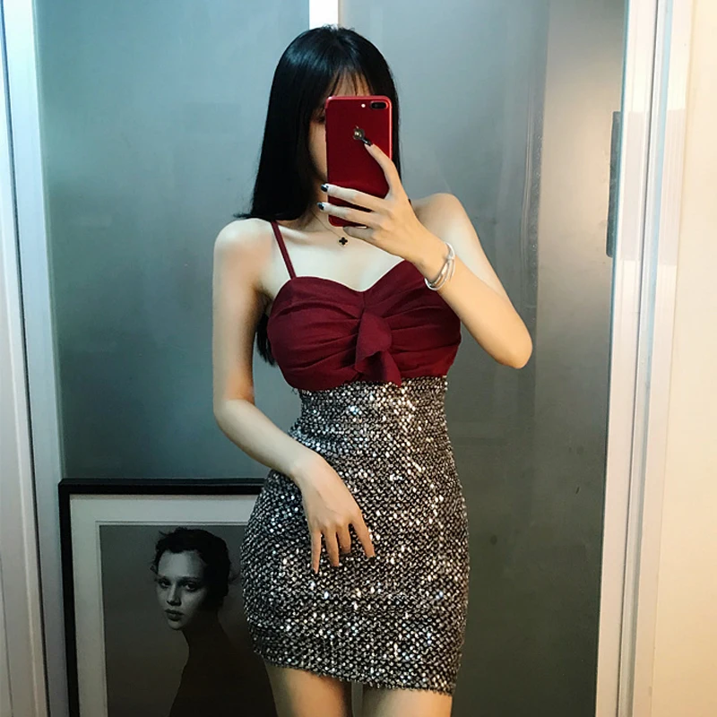 New sexy ruffled camisole + high waist heavy industry sequins slim package hip skirt suit