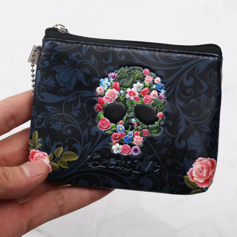 YIYOHI New Creative Rose Skull Coin Purse Children PU Leather Zipper Change Purse Women Wallet Animal Key Card Bag Kids Gift