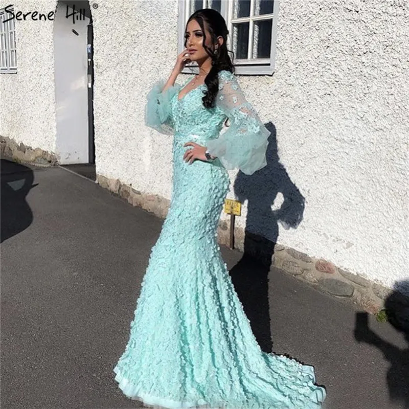 SERENE HILL 2024 Mint Long Latern  Mermaid    Evening Dresses  V-Neck  Flowers Pearls Formal Dress LA6514 Customized