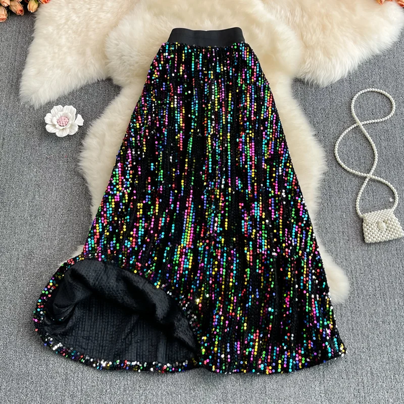 2023 Autumn New Elastic High Waist Slimming Sequins Mid-Length A- Line Skirt  Women Fashion Overknee Glitter Big Hem Skirts