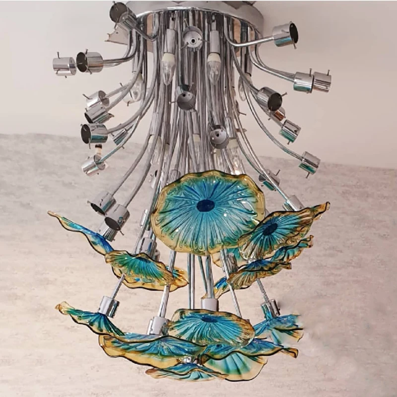 New Design Flower Peacock Ceiling Light H100cm Luxury Art Glass Light Murano Glass Plate Hanging Ceiling Lamp for Living Room