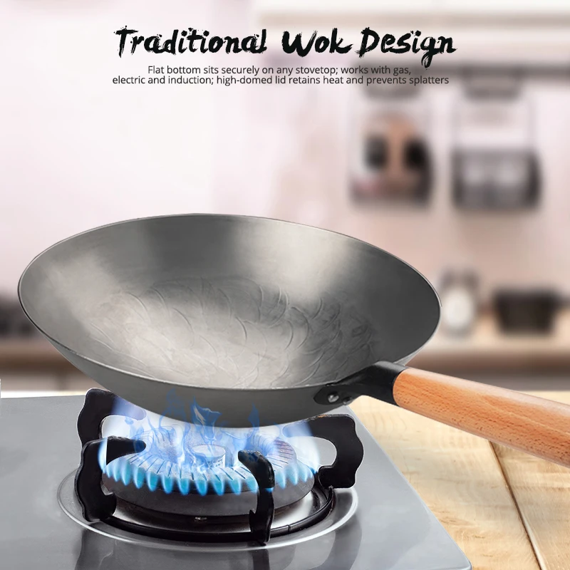 Konco Handmade Wok Smokless Cookware Uncoated Iron Pot Frying Pan Non-Stick Chinese Cast Iron Wok  kitchen Pot skillet