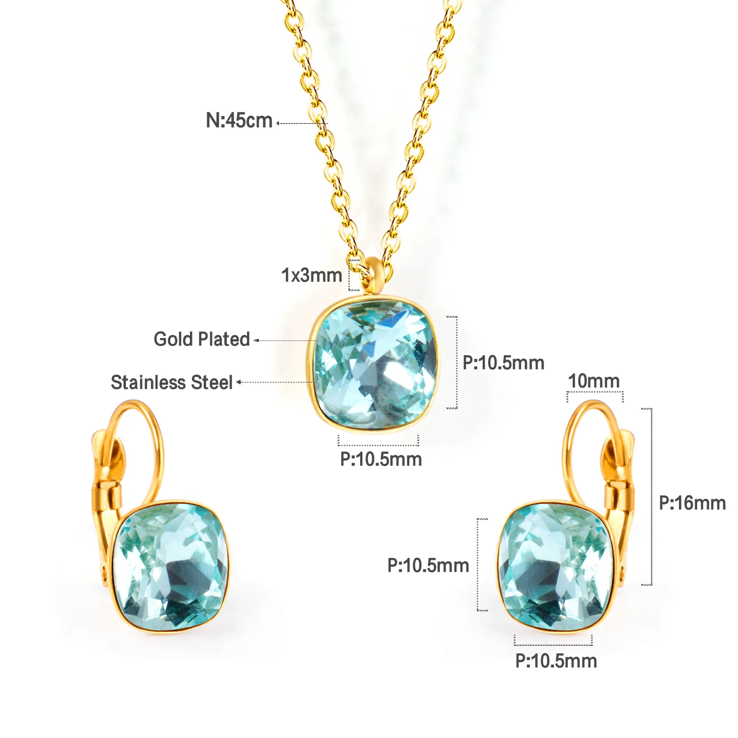 Square Multiple Color Crystal Pendant Necklace & Earrings Set