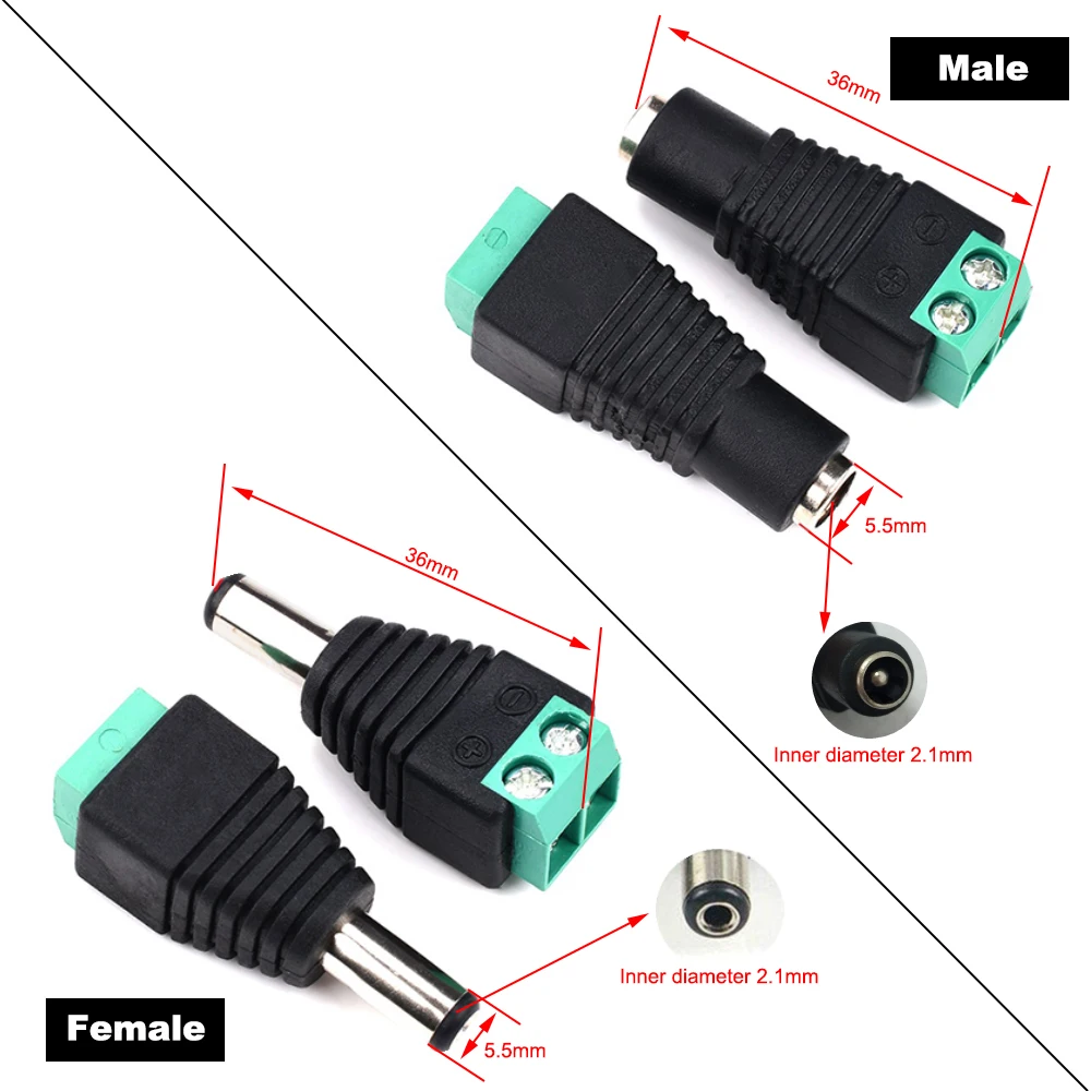 Female Male DC Connector 5.5mm x 2.1mm Power Jack Adapter Plug Cable Connector For LED Strip Security Cameras