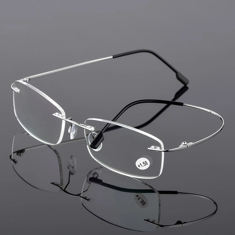 May Flower Memory Titanium Rimless Reading Glasses Fashion Blue Anti-Light Glasses Men Square Farsight Glasses For Women +3+3.5