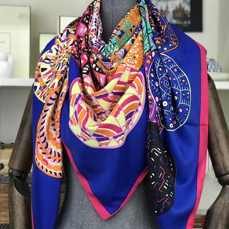 2020 New Fashion Women Geometric Bandana Silk Scarf Luxury Brand Female High Quality Foulard Silk Wraps Shawls Scarves 130*130cm