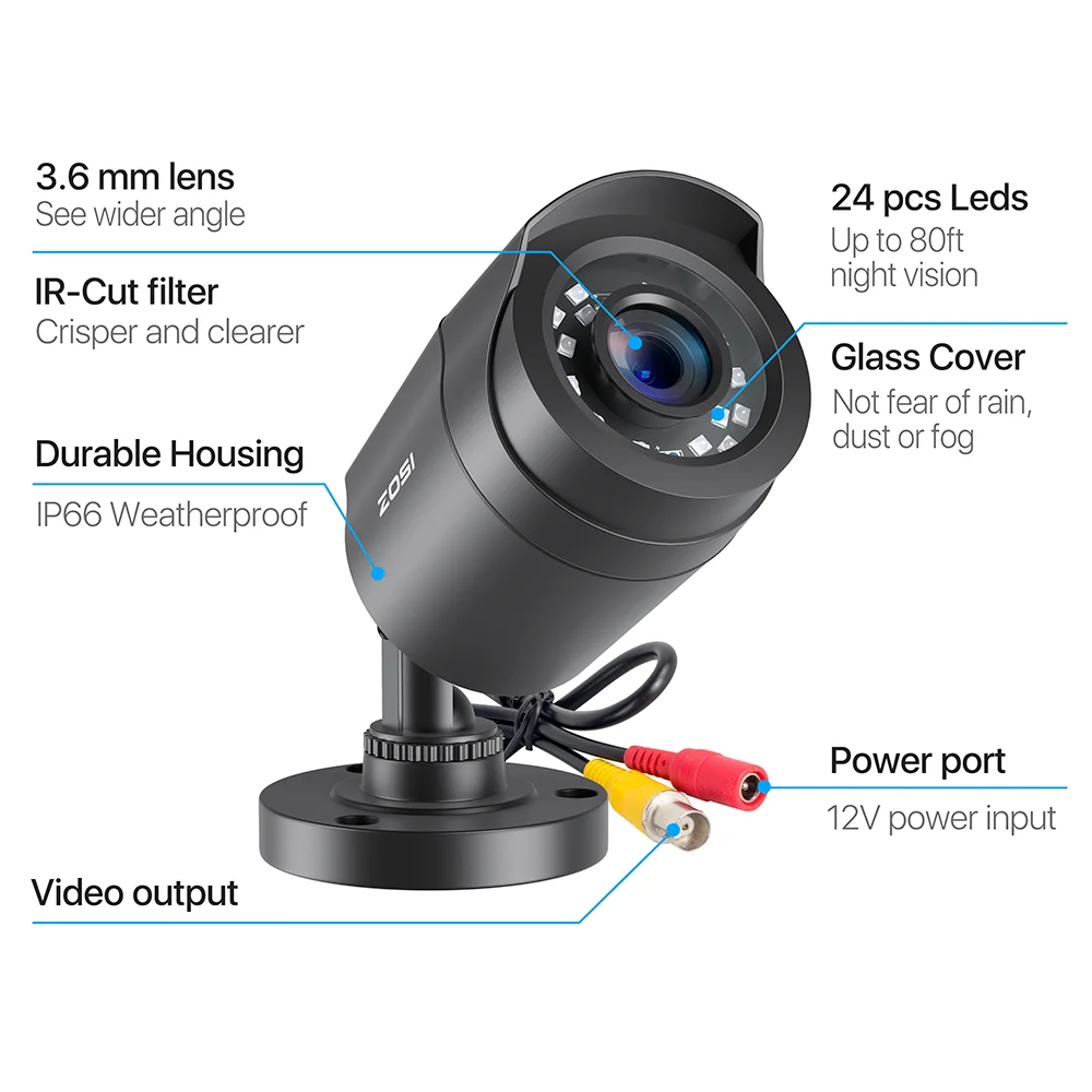 ZOSI 1080P CCTV Security Camera, 80ft Night Vision, 3.6mm Lens 24 IR LEDs, Outdoor Whetherproof Surveillance Camera