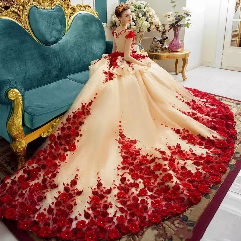 Red Romantic Princess Wedding Gowns Illusion Neck Beaed 3D-Floral Appliques Cap Sleeve Bridal Dresses Gorgeous Cathedral Train