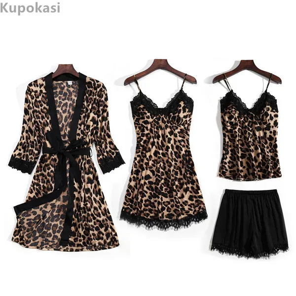 Pigiama Kupokasi New Fashion 4 pezzi Set stampa leopardo donna pigiami abito da sera in seta artificiale con pettorina indumenti da notte