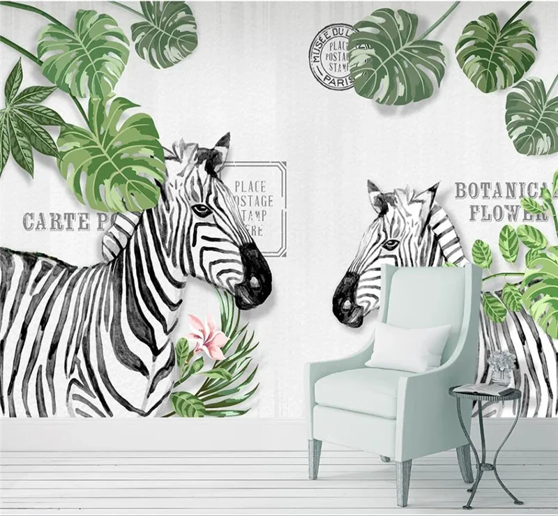 Custom mural wallpaper Nordic hand-painted zebra tree oil painting sofa TV background wall