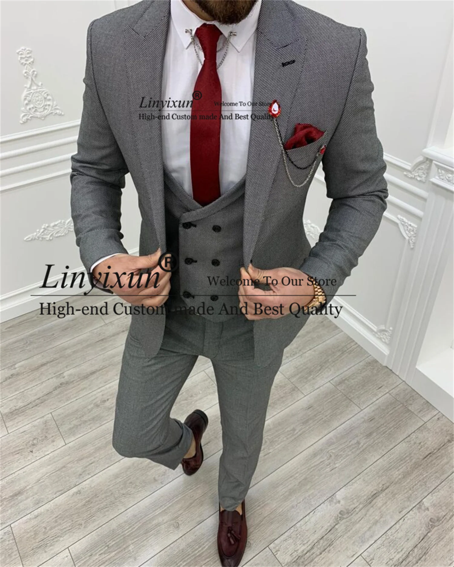 

Grey Tweed Mens Suit For Wedding Slim Fit Groom Tuxedos 3 Pieces Set Traje Hombre Business Man Blazer Masculino Costume Homme