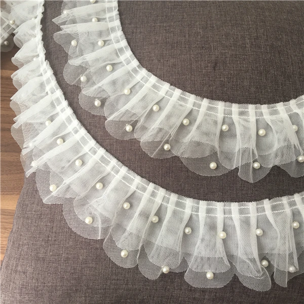 6CM Wide Modern Tulle White 3D Lace Bridal Applique Glitter Beads Ruffle Trim Wedding Dress Clothing Sewing Guipure Supplies