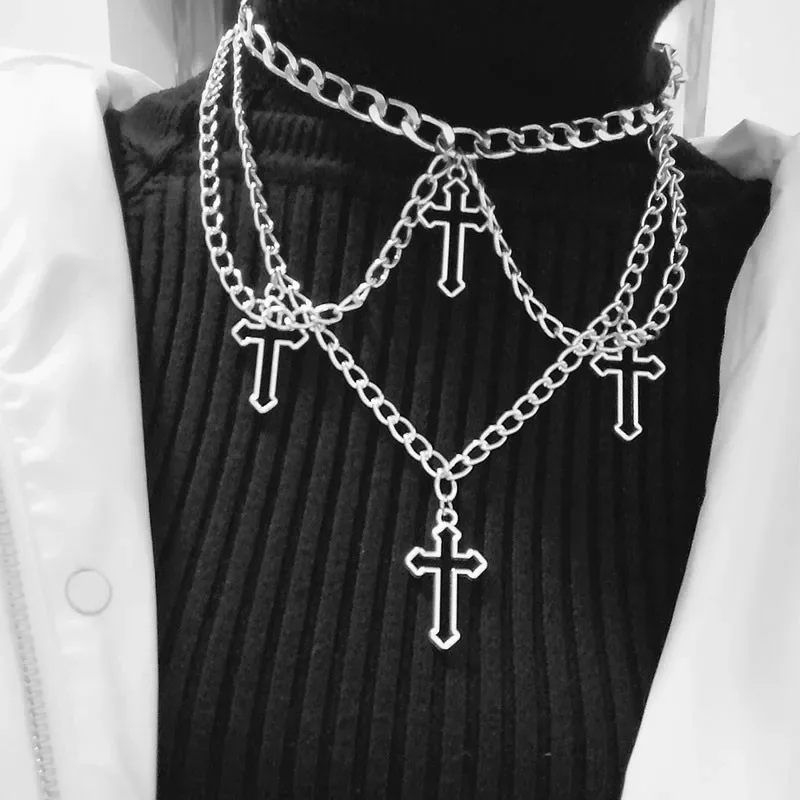 Goth Indie Silver Color Hollow Cross Pendant Necklaces Chains for Women E Girl Grunge Aesthetic Accessories Jewelry Unif Choker