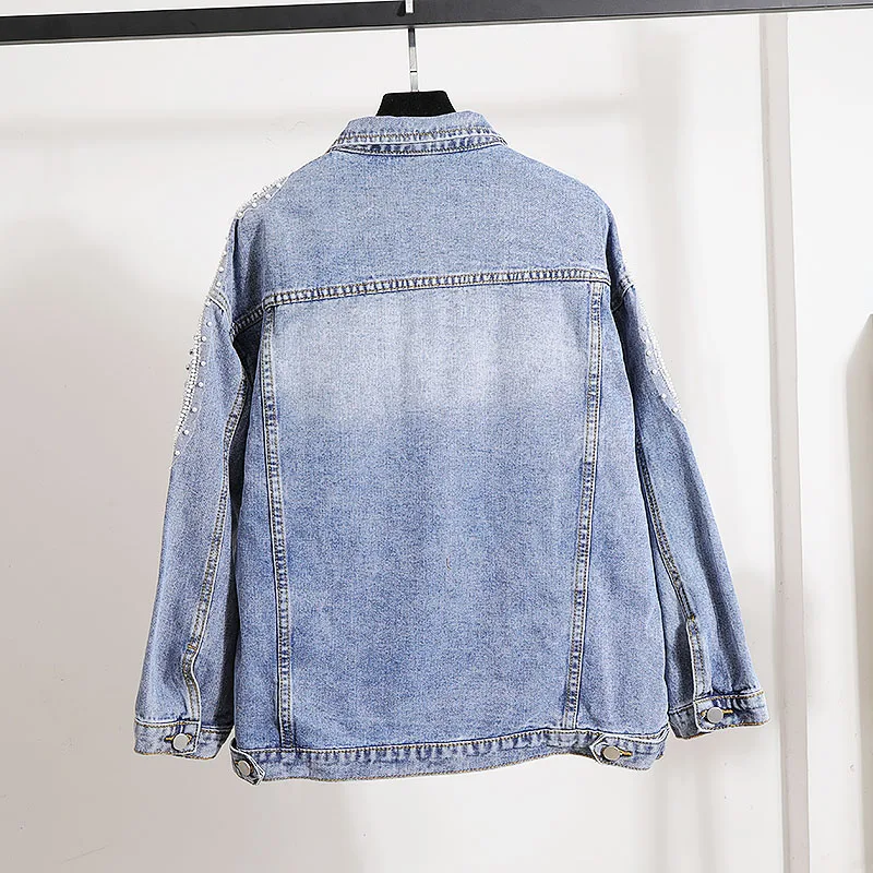 StreetWear Loose Jean Jacket Women Denim Jackets Autumn 2021 New Fashion Heavy Beads Diamond Embroidered Flower Female Coats Top