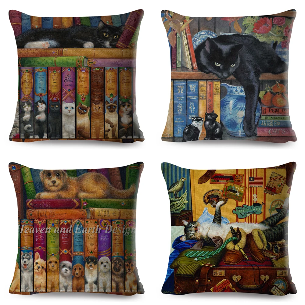 Cute Cartoon Cat Library Book Cushion Cover Decor Fairy Tale Animal Pillowcase for Car Sofa Home Children Room Pillow Case 45x45