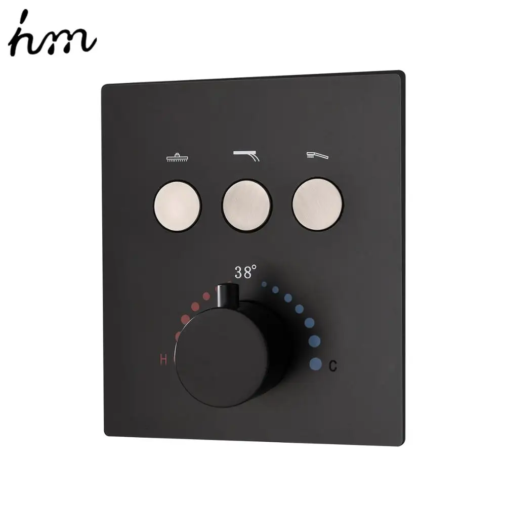 hm Black Thermostatic Shower Diverter Valve Push Touch Button Faucet Switch 3 Functions Concealed Mixer Brass Tap Controller