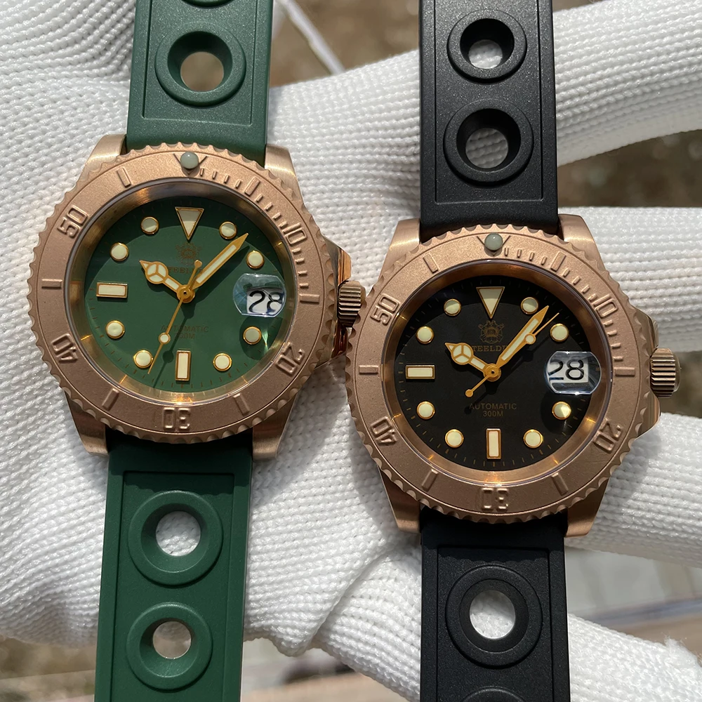 Imagem -06 - Steeldive Sd1953s Masculino Luxo Bronze Relógio de Pulso Nh35 Supergreen Luminoso Verde Dial 300m à Prova Impermeável Água Clássico Retro Mergulho Relógio