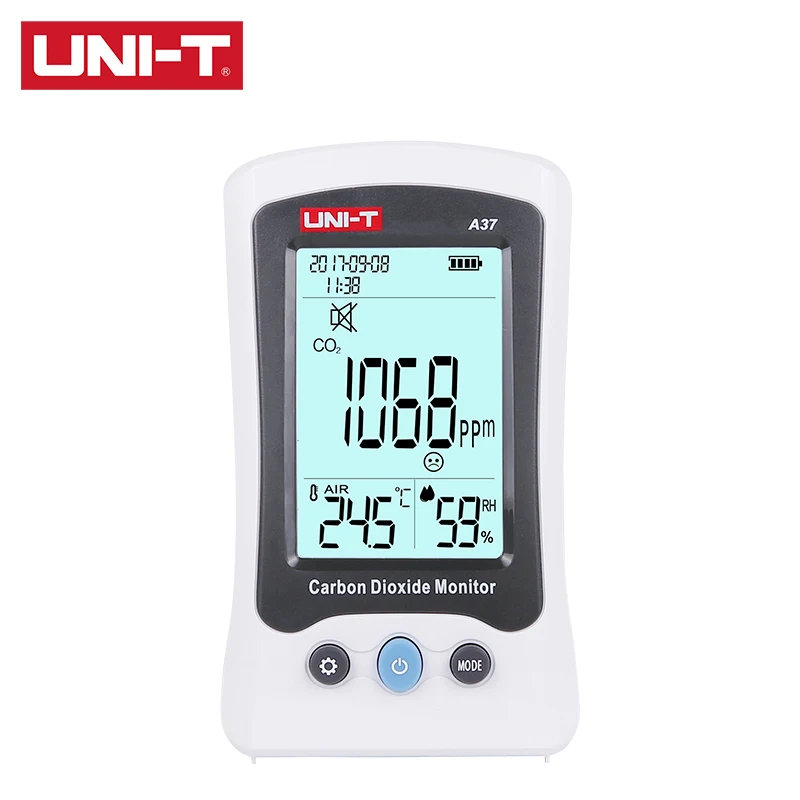 

UNI-T A37 CO2 Meter Automatic baseline correction Audible and visual alarm Low battery indication Auto power off Backlight