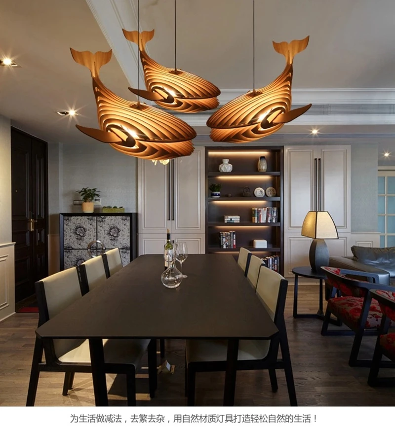 

Big Wooden Fish Pendant Lamp E27 Wood Whale Hanging Light Chanderlier Fish Light for Kids Room Japanese Sushi Bar Lighting