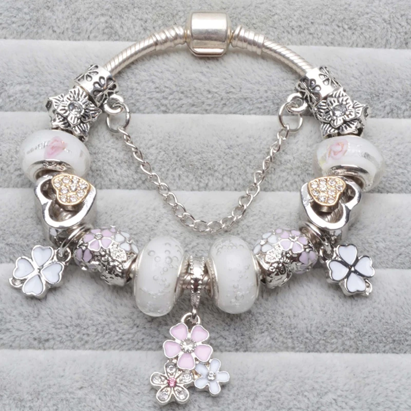 Cherry Blossoms Pendant Charm Bracelets With White Love Heart & Crystal Beads Brand Bracelets Bangles For Women Fashion Jewelry