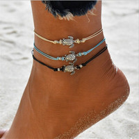 ZRM Fashion Vintage Sea Turtle Anklet Bracelet Dual use 3 Colors Hand Made Anklet Beach Leather Rope Anklet Jewelry