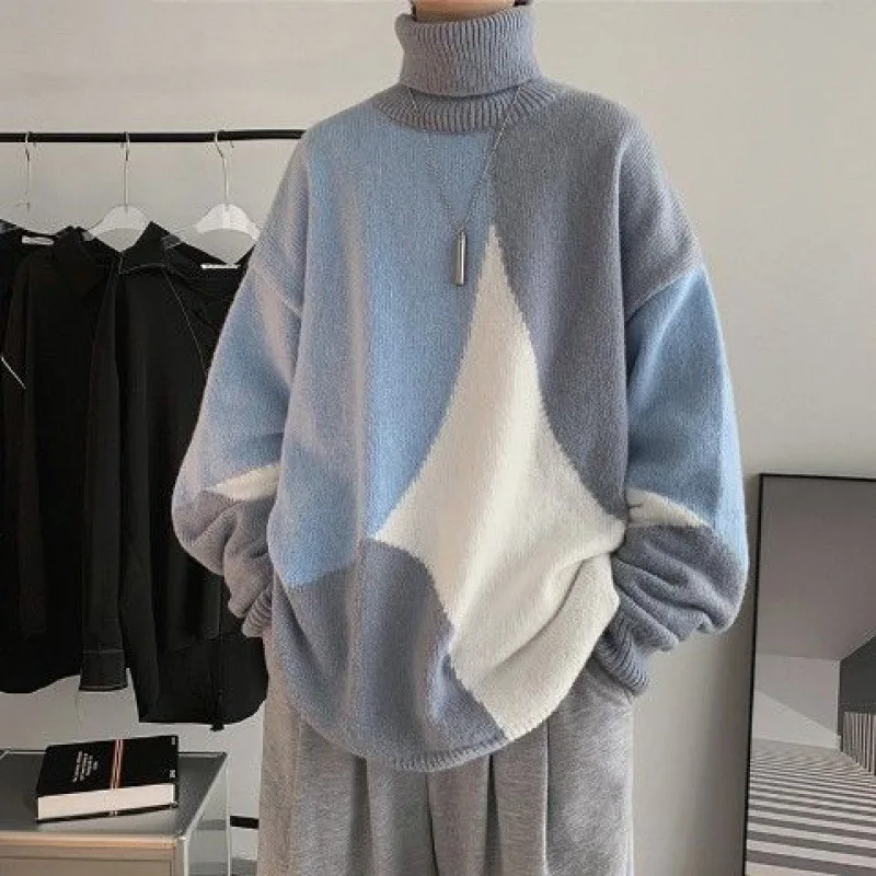 Oversized Men Sweater Patchwork Turtleneck Pullovers Autumn Winter Thick Warm Sweater Ins Fashion Clothing Knit Male Pullovers