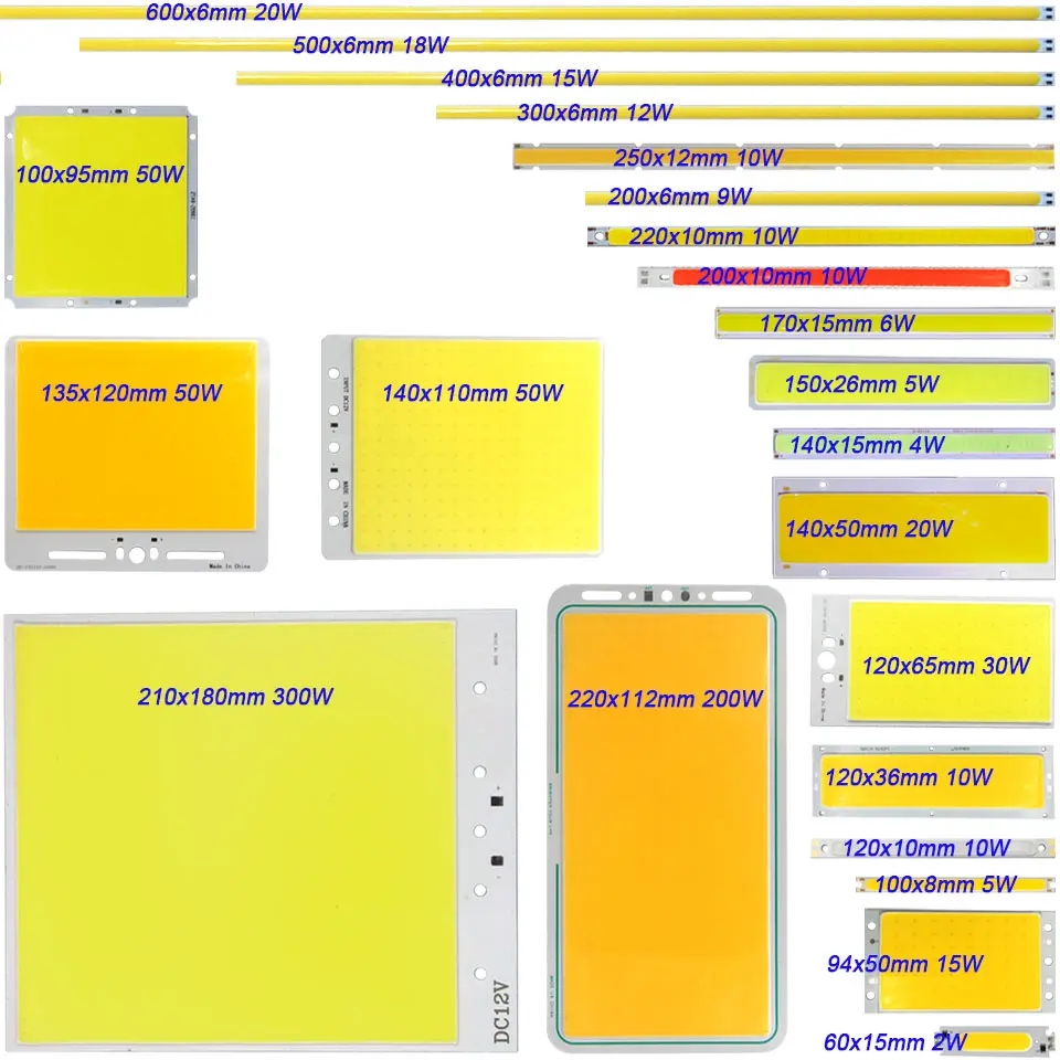 DC 12V COB Bulb LED Chip Panel Light 2W-300W All Size COB Module Warm Natural Cold White Red Green Blue Color LED Lamp for DIY
