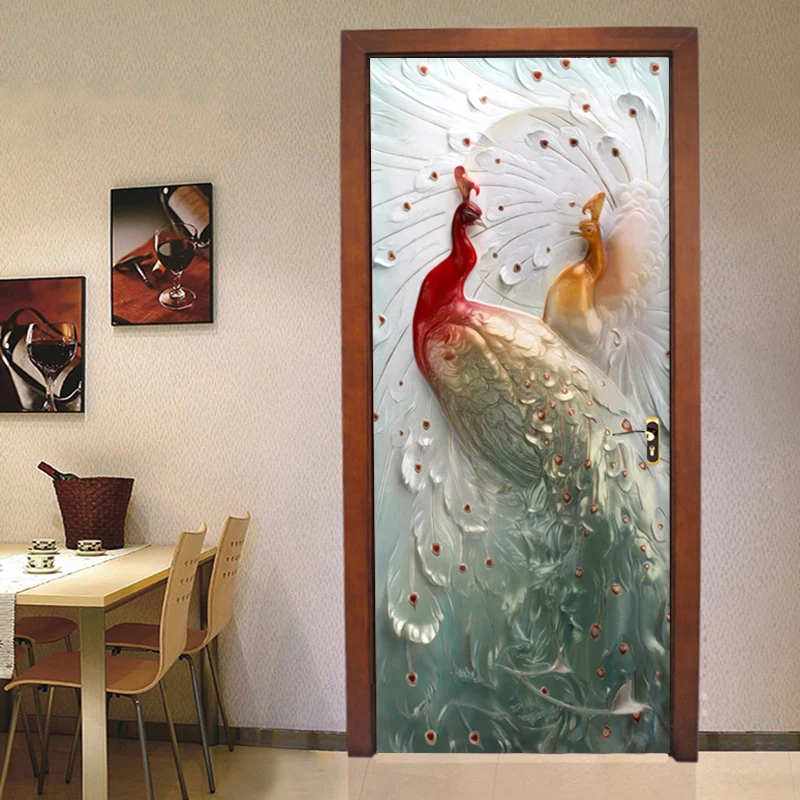 

PVC Waterproof Door Sticker 3D Embossed Peacock Photo Wallpaper Living Room Bedroom Home Decor 3D Door Murals Art Door Stickers