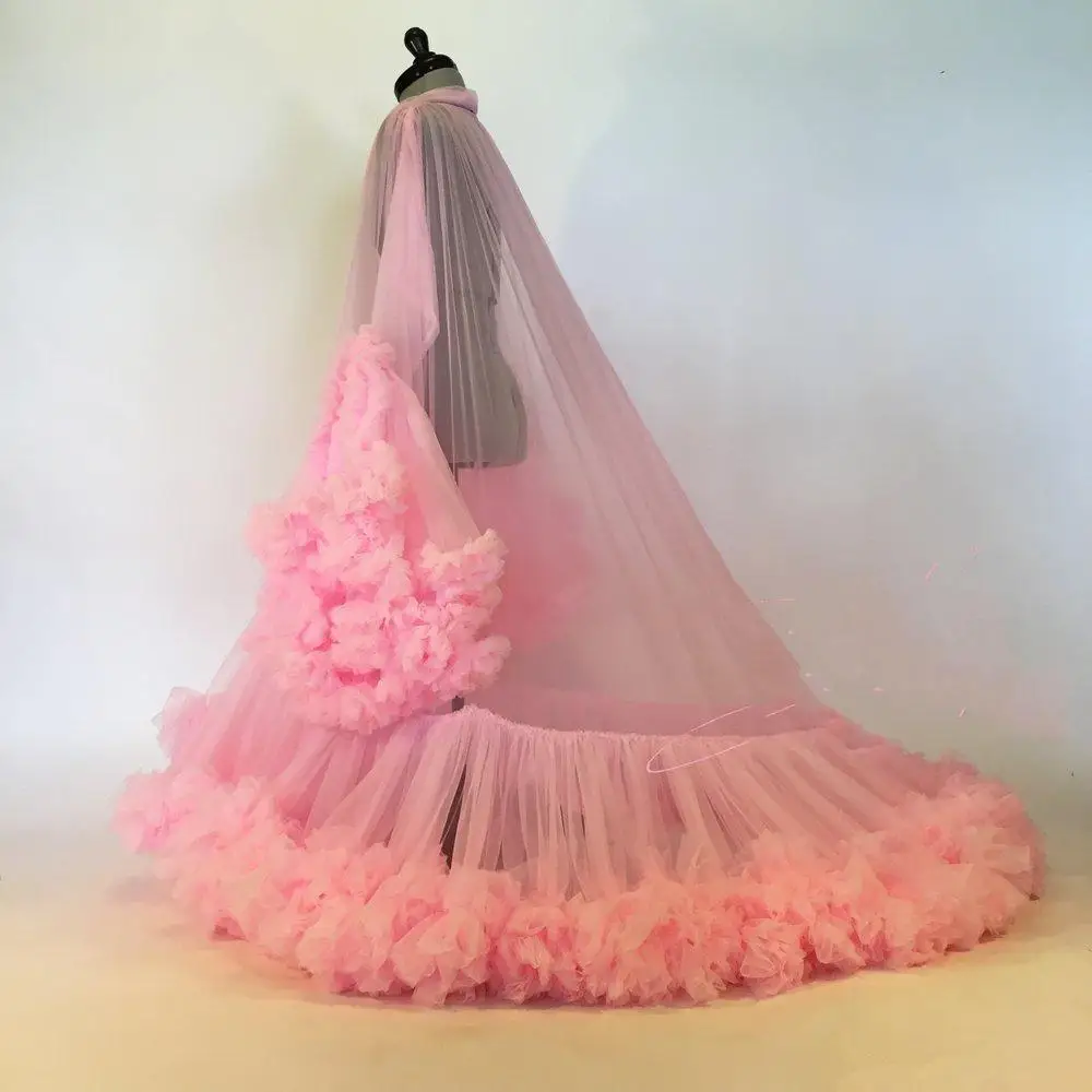 Moederschap Ster Jurken Robe Illusion Tiered Ruches Roze Photoshoot Babyshower Badjas Moederschap Kimono Party Verjaardag Jurk