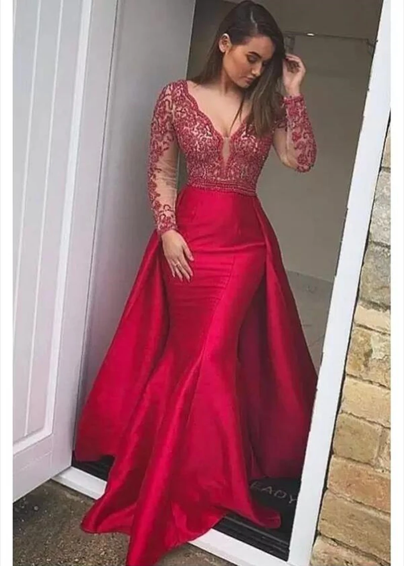 Burgundy stitching evening dress strapless mermaid v-neck long-sleeved prom dress wide party dress elegant evening party