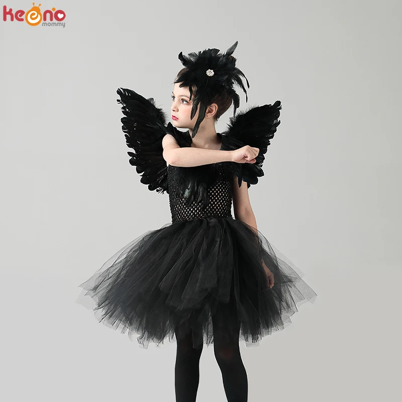 Black Swan Girls Tutu Dress with Feather Wing and Hair Clip Evil Queen Kids Halloween Carnival Party Costume Ballet Tutu Dress