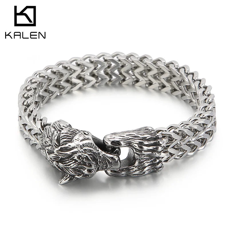 

Kalen Punk Viking Wolf Head Men's Bracelet Retro Spring Clasp Chain Stainless Steel Jewelry Chunky Trendy Accessories Gift