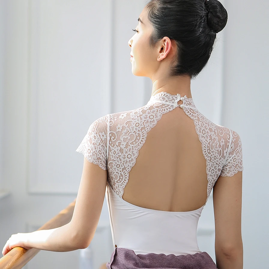 Trykot dla dorosłych koronkowe trykoty baletowe dla kobiet gimnastyka trykot z krótkim rękawem strój kąpielowy do tańca baleriny Dancewear