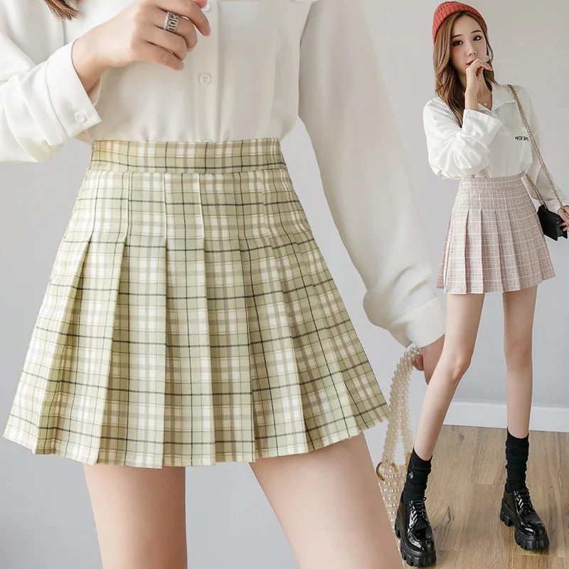 2020 New Korean Style Harajuku Women Fashion Mini Pleated Skirts Casual Loose Plaid Skirt  A-Line Skirt High Waist kawaii skirt