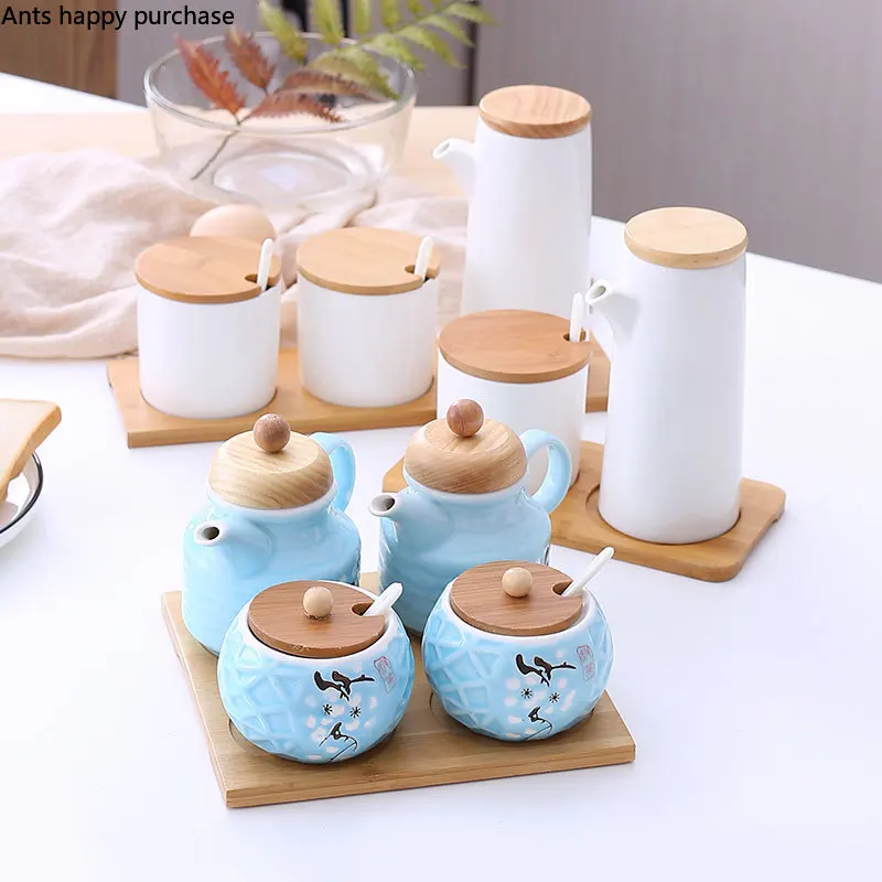 Ceramics Can Leakproof Tank Seasoning Bottle Kitchen Supplies Household Soy Sauce Bottle Vinegar Bottle Set Salt Shaker with Lid