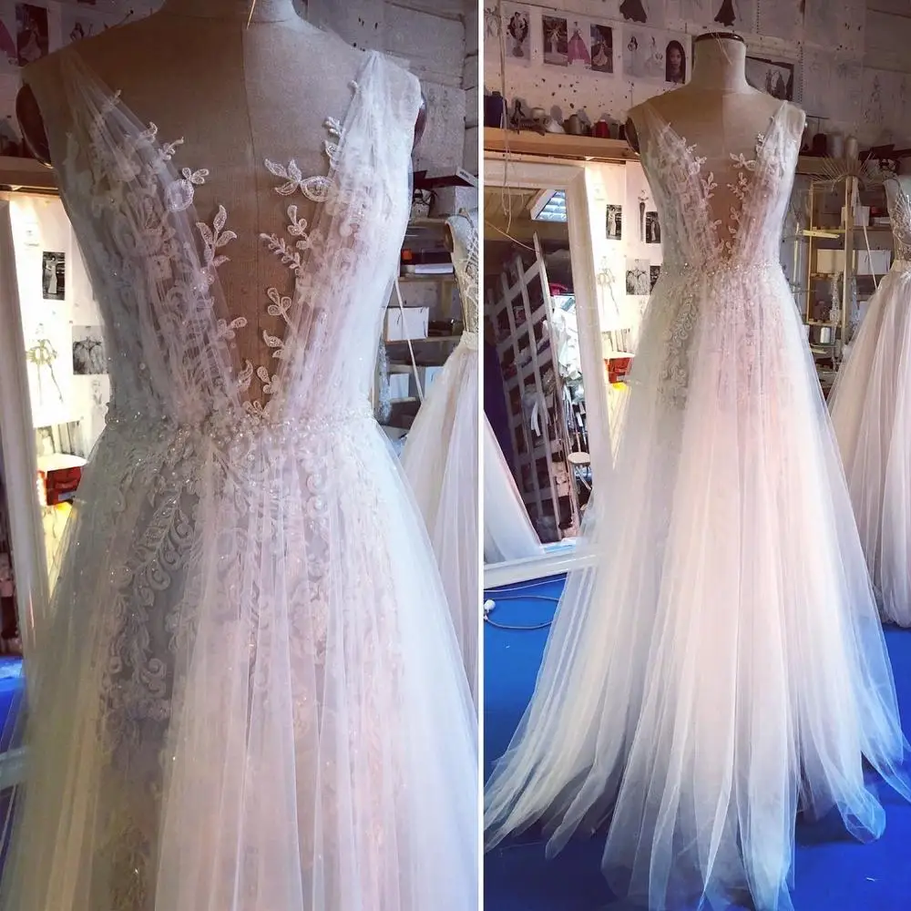 Vintage Lace Beaded Summer Beach Wedding Dresses Sheer Neck A-line See Through Bridal Dresses Sexy Wedding Gowns