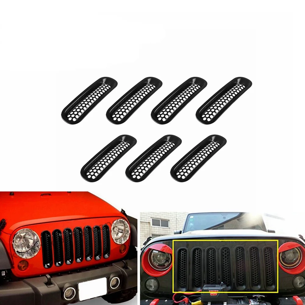 7 PCS Black Silver ABS Mesh Front Grille Trim Cover Car Inserts Racing Grille For Bumper Jeep Wrangler JK 2007-2015