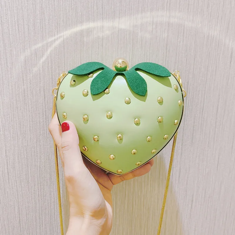 Cute Strawberry Heart Shape Women Clutch Bag Rivet Mini Fashion Ladies Chain Purses and Handbags Female Party Crossbody Bag 2021