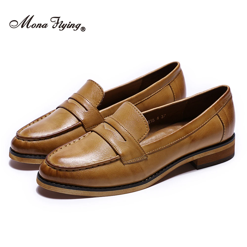 Mona Flying Womens Genuine Leather Penny Loafers Flats Elegant Comfortable Almond-toe Casual Flat Shoes for Ladies H618-4