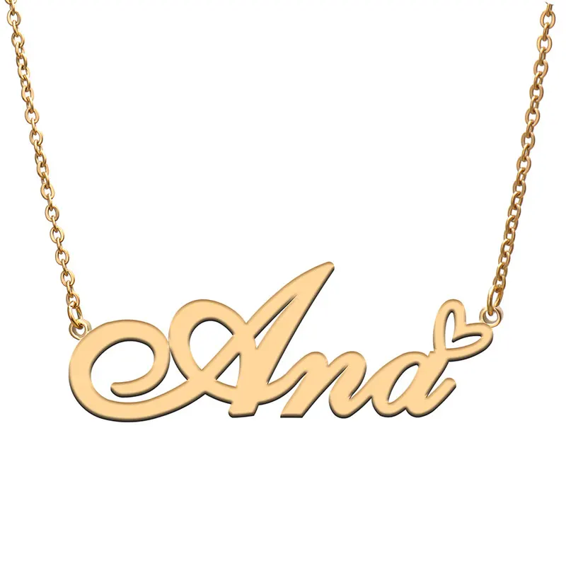 Ana Name with Love Heart Necklace for Women Stainless Steel Nameplate Pendant Collars Femme Mother Child Girls Gift