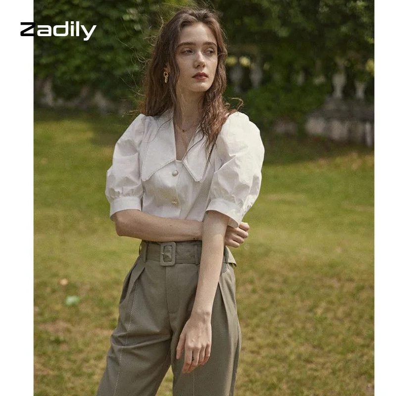 Zadily Chic Vintage Short Sleeve White Shirt Women Lace Turn Down Collar Puff Short Sleeve Blouse 2021 Summer Female Clothing