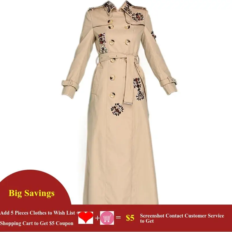 Luxury Beadings Long Trench Coat Double Breasted Women Coat Plus Size British Style Work Business 2023 Maxi Coat