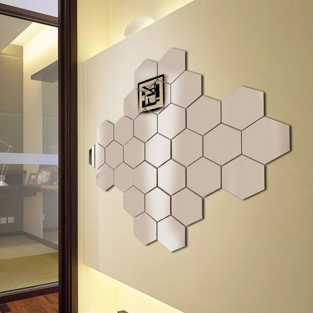 12 Pieces Hexagon Mirror Wall Stickers Medium to Extra Large DIY Wall Decals Non Glass Mirror for Apartment Aesthetic Room Decor