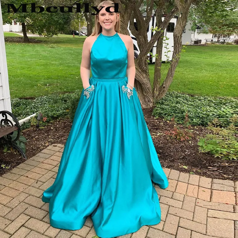 

Mbcullyd Two Pieces Prom Dresses With Pocket Long Keyhole Backless Satin Evening Pageant Drress Cute Turquoise robe de soiree