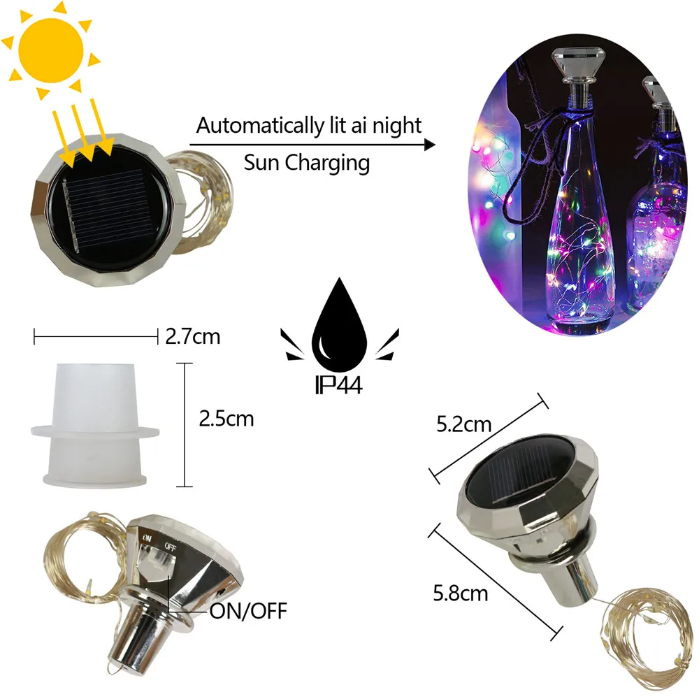 Fio de cobre com luzes solares para garrafa de vinho, peças 2m 20 leds fio de cobre guirlanda de fadas luzes para natal festa de casamento decoração